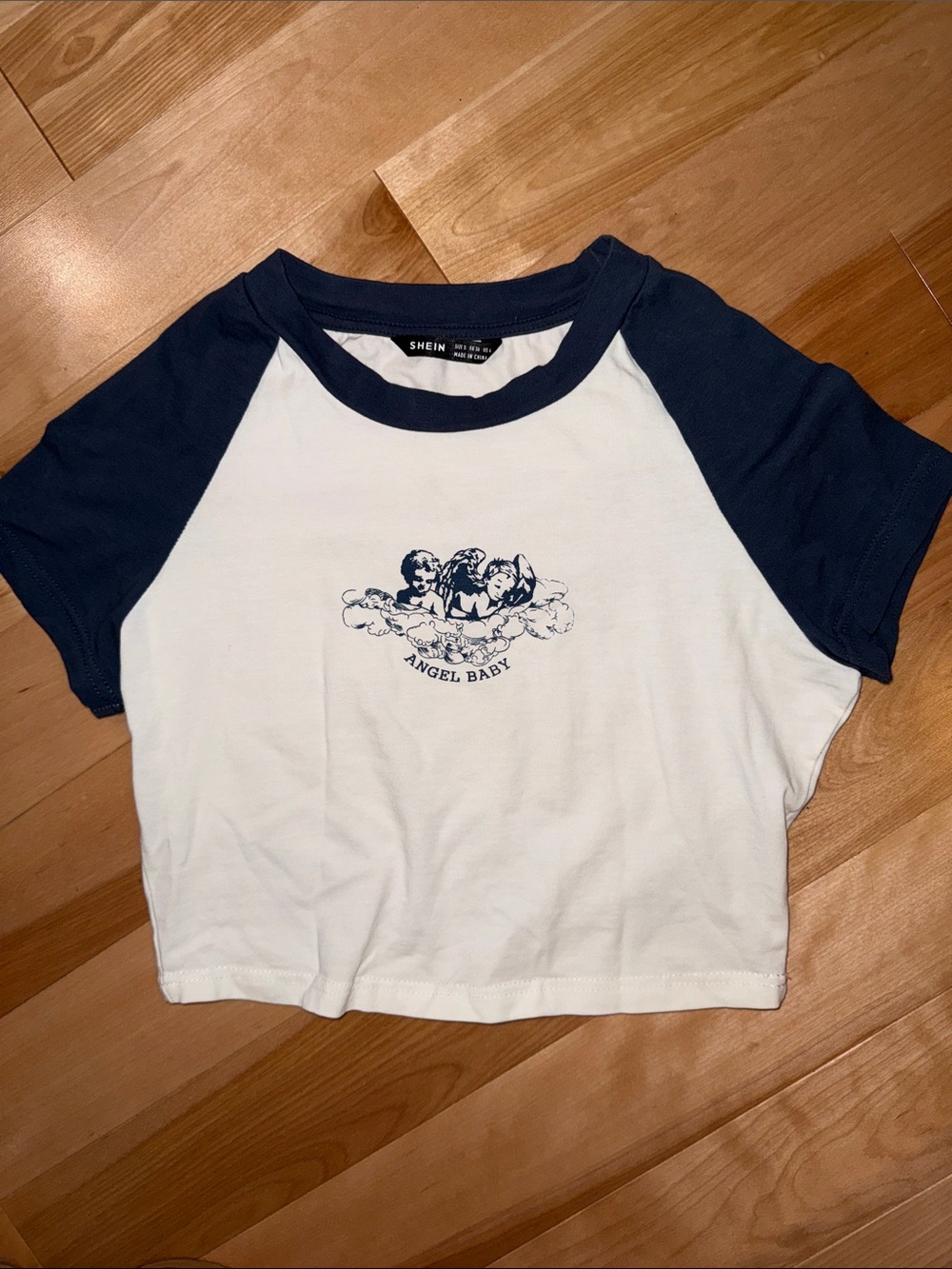 SHEIN White & Navy 'Angel Baby' Raglan Crop Tee S EUC